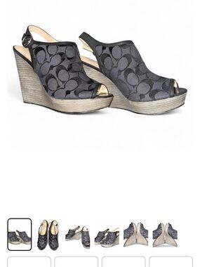 Coach Black Signature Peep-Toe Wedge Sandals